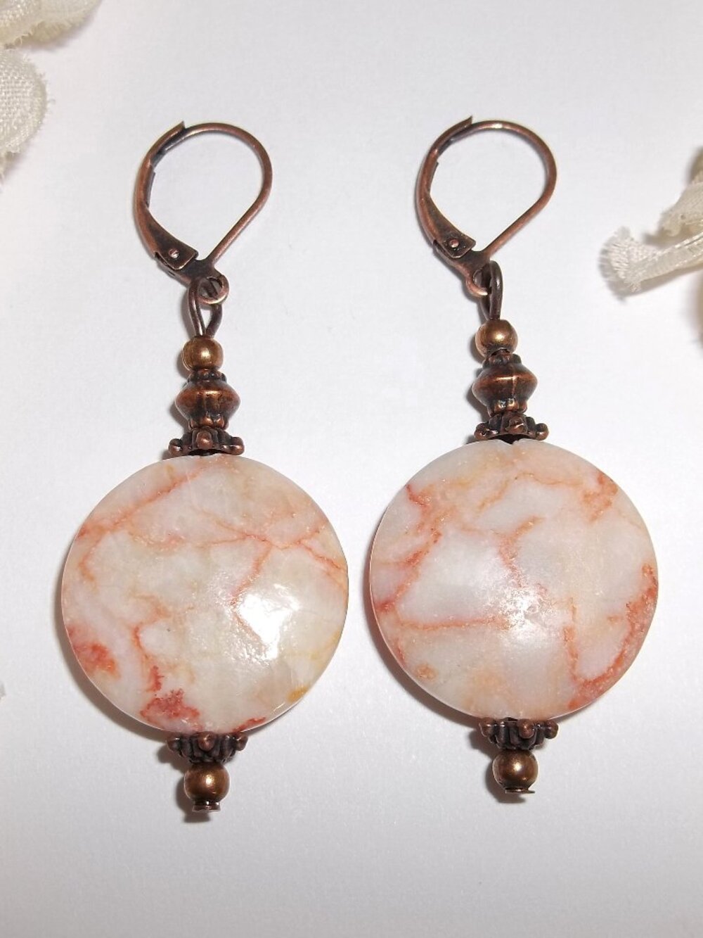 Boho Earrings Faux Jasper Copper Cream Grey Orange Statement Dangle Drop D896